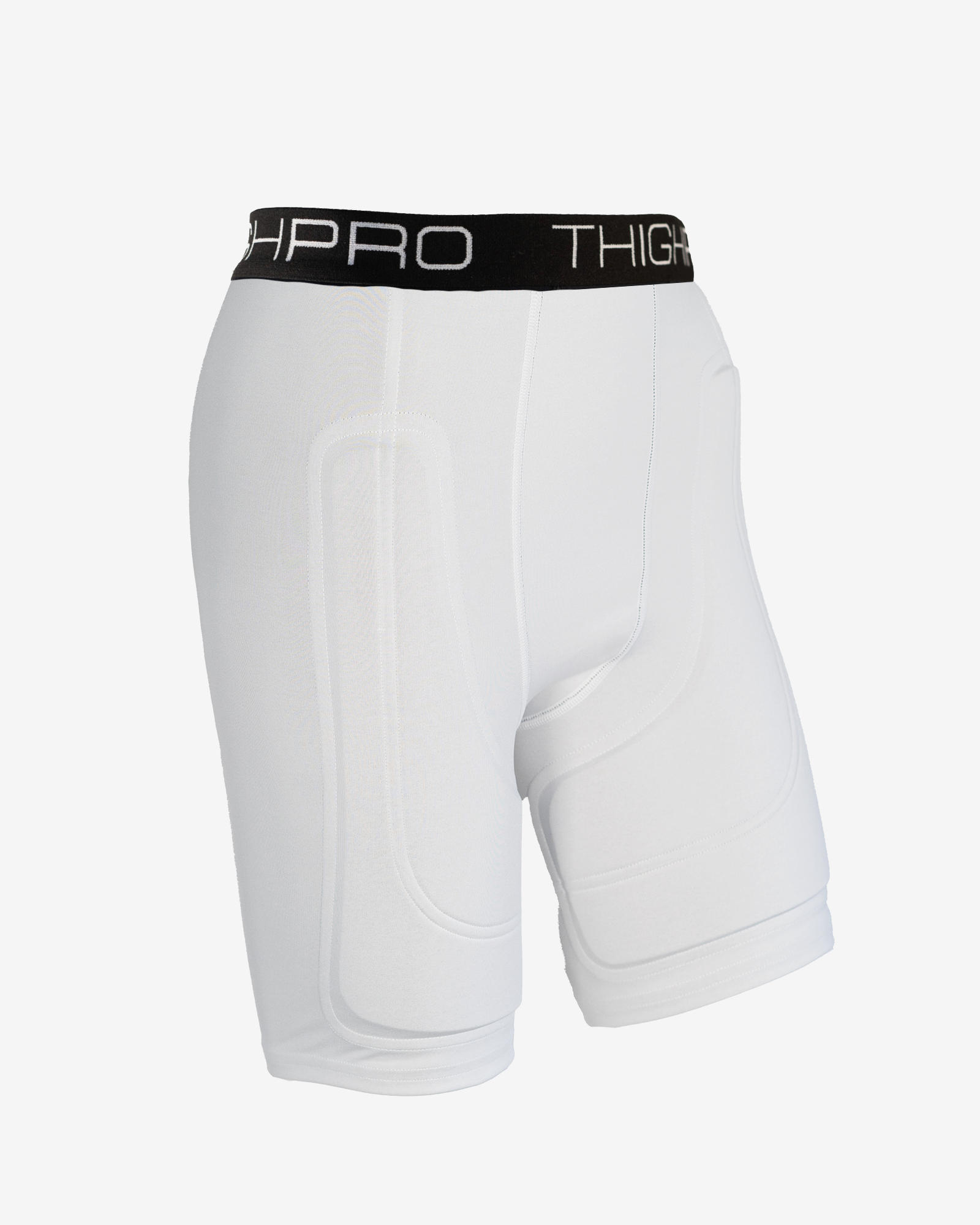 White athletic shorts with a black waistband on a white background