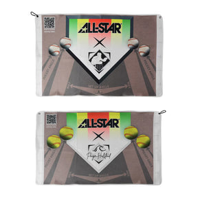 Two rectangular golf towels shown on a white background, one above the other. Each towel features a baseball-themed graphic with the text 'ALL-STAR', a diamond logo, pocket angle illustrations, and small illustrations of baseballs and softballs.
