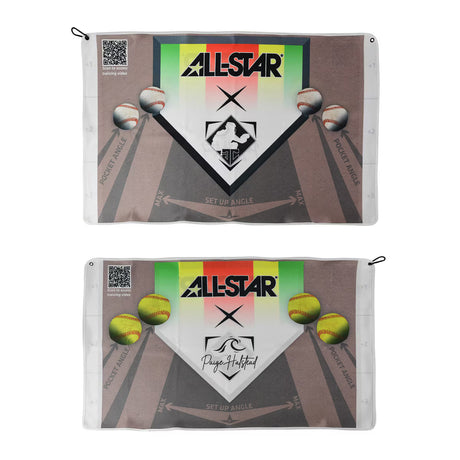 Two rectangular golf towels shown on a white background, one above the other. Each towel features a baseball-themed graphic with the text 'ALL-STAR', a diamond logo, pocket angle illustrations, and small illustrations of baseballs and softballs.