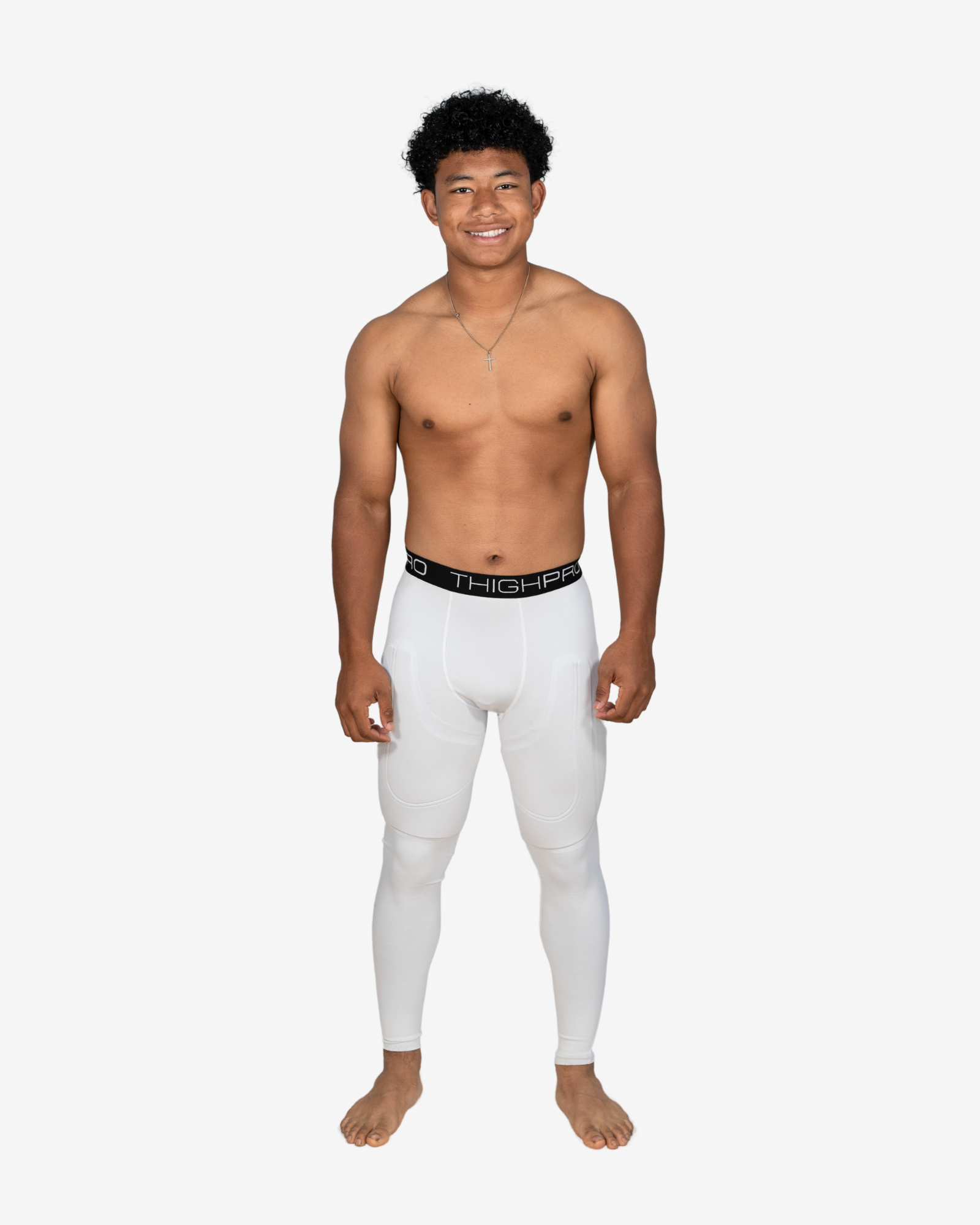 Man wearing white leggings with a black waistband on a white background
