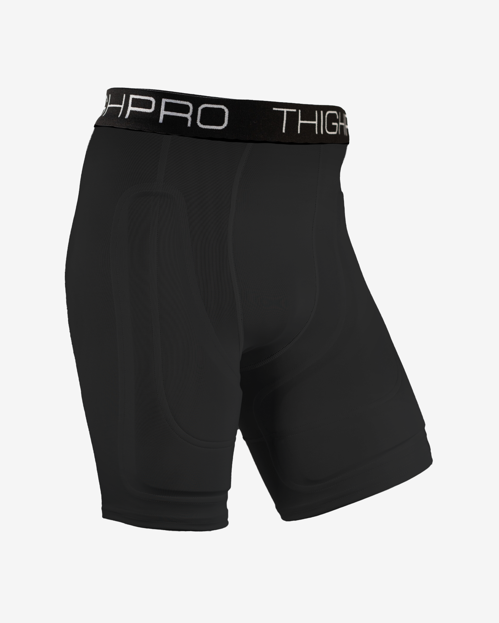 Black athletic shorts with a visible brand logo on a white background