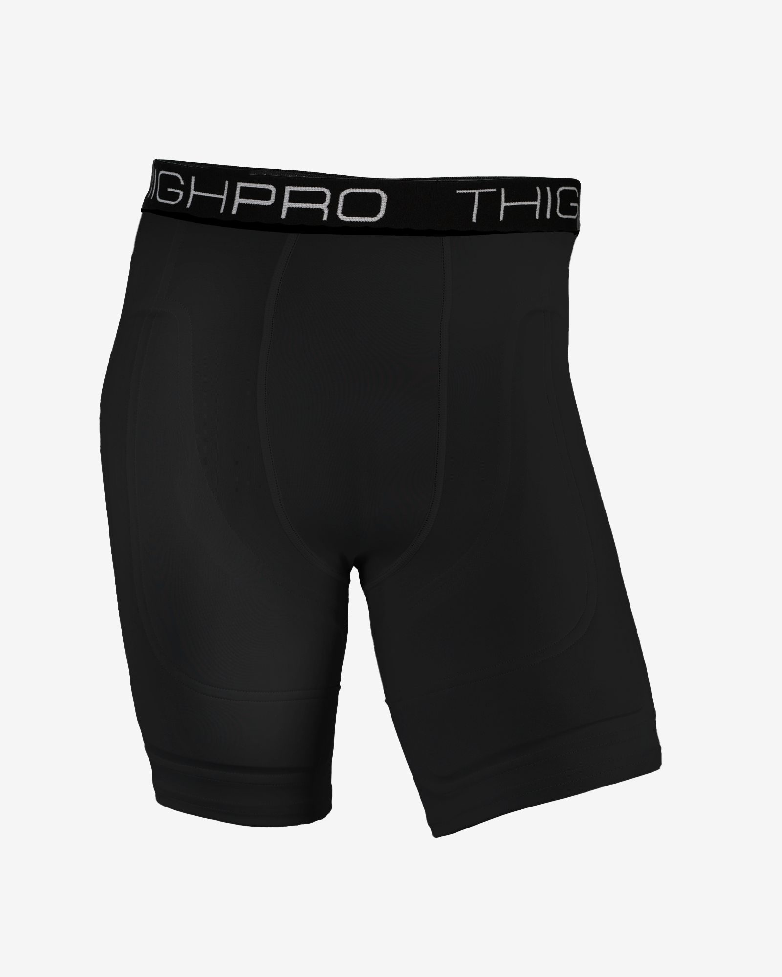 Black athletic shorts with a visible brand logo on a white background
