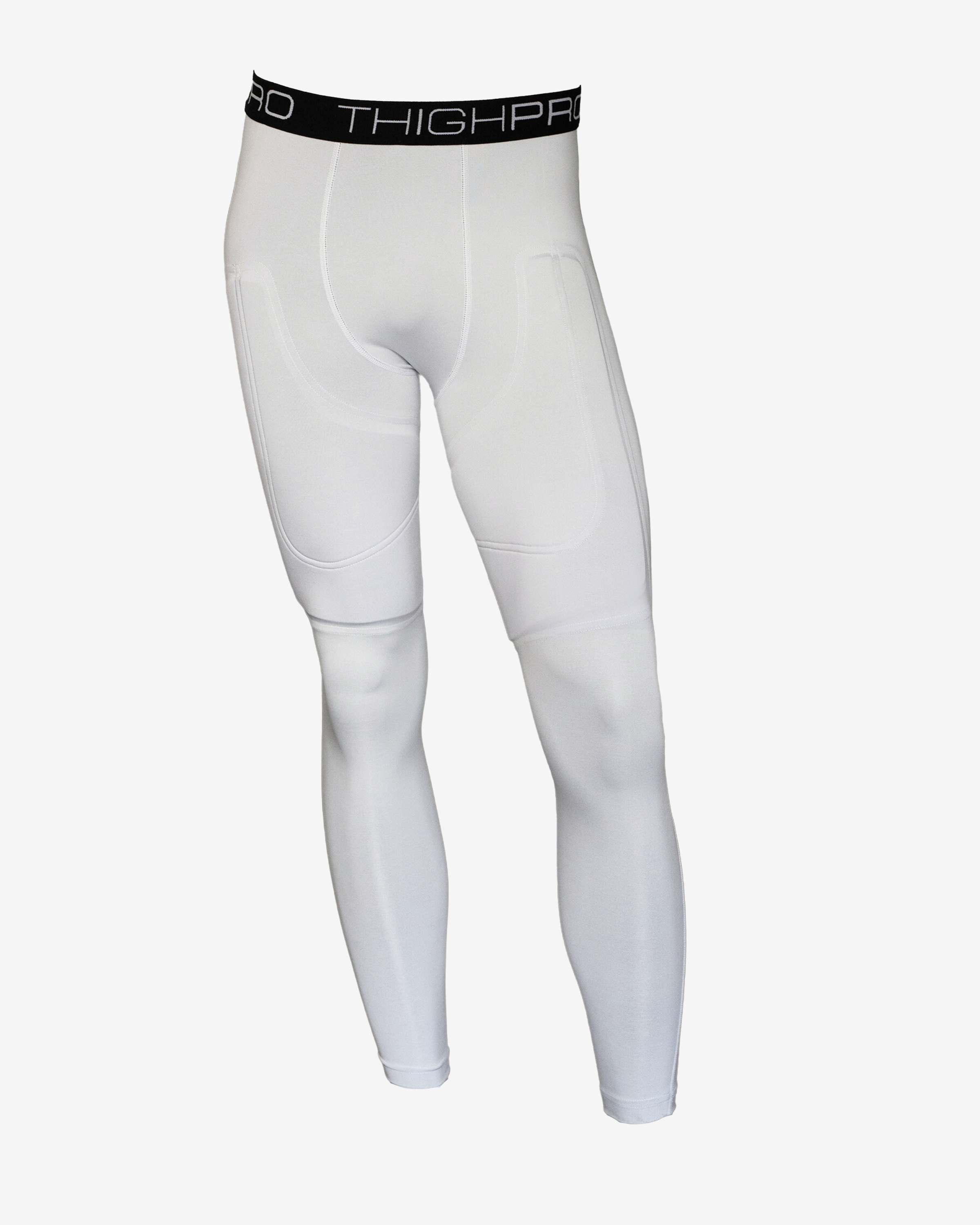 White compression leggings with black waistband on a white background