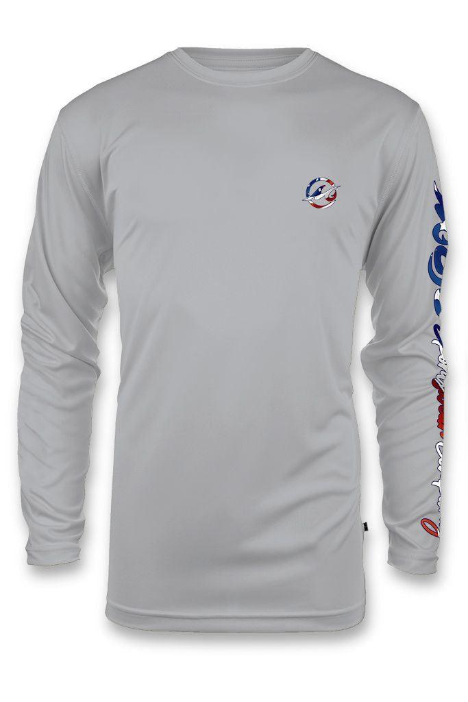 A long-sleeved grey shirt with a graphic of a fish and the American flag in red, white, and blue.