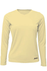A yellow long-sleeved performance shirt with a graphic print of a surfer and palm trees on the back.