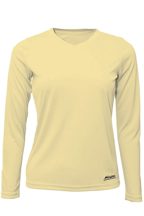 A yellow long-sleeved performance shirt with a graphic print of a surfer and palm trees on the back.