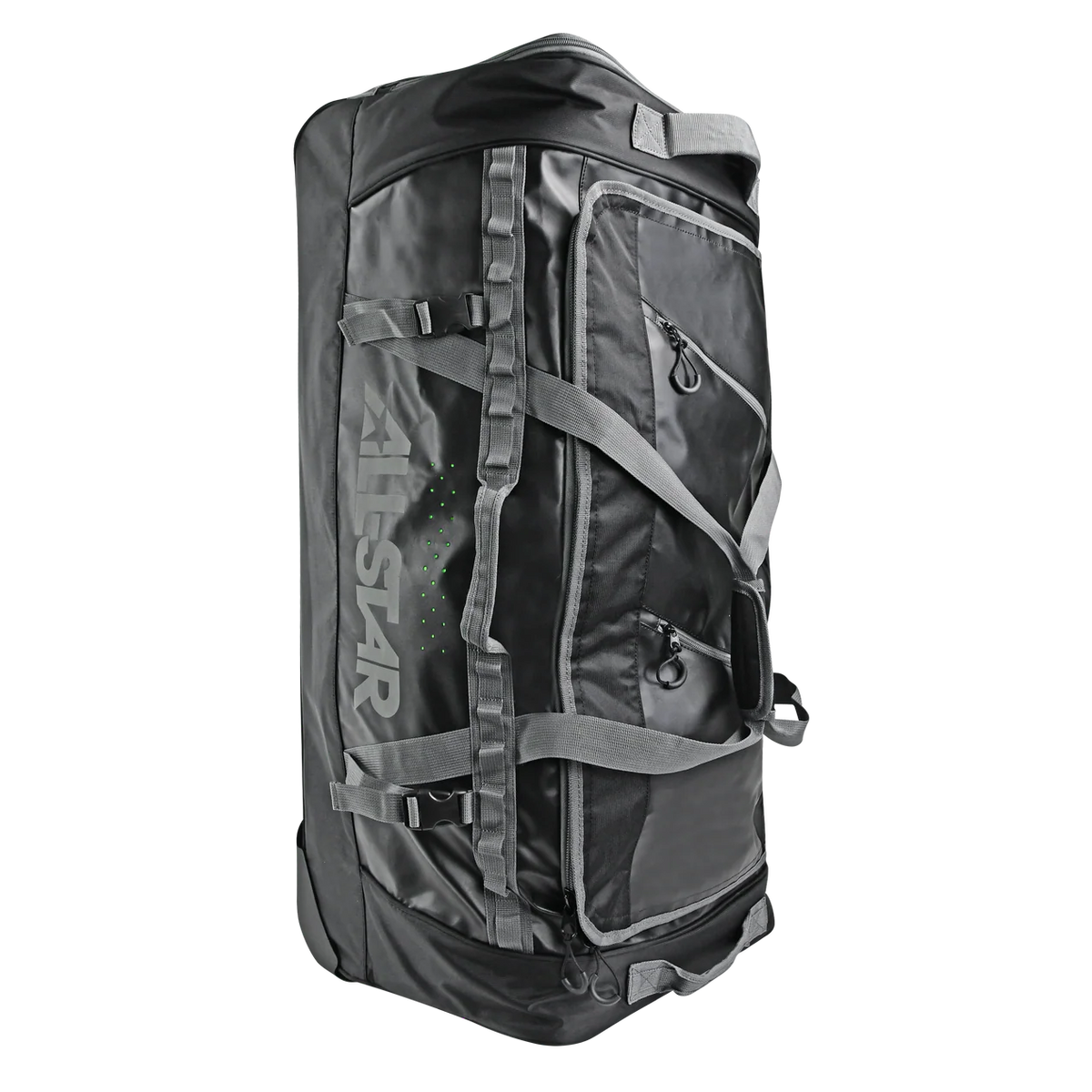 A large black and dark gray duffel bag with multiple compression straps and a vertical 'ALL-STAR' logo printed on the side, shown against a plain white background.
