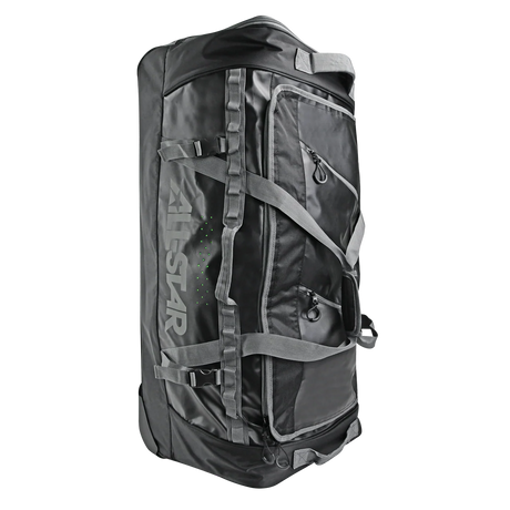 A large black and dark gray duffel bag with multiple compression straps and a vertical 'ALL-STAR' logo printed on the side, shown against a plain white background.