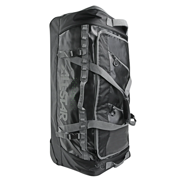 A large black and dark gray duffel bag with multiple compression straps and a vertical 'ALL-STAR' logo printed on the side, shown against a plain white background.