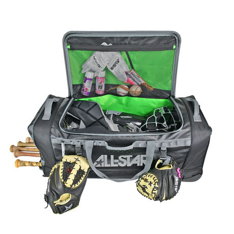 Open gray sports bag with various equipment on a white background, featuring the All-Star brand.