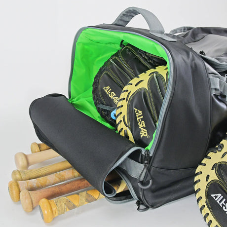Baseball glove and bats inside a black backpack with green interior