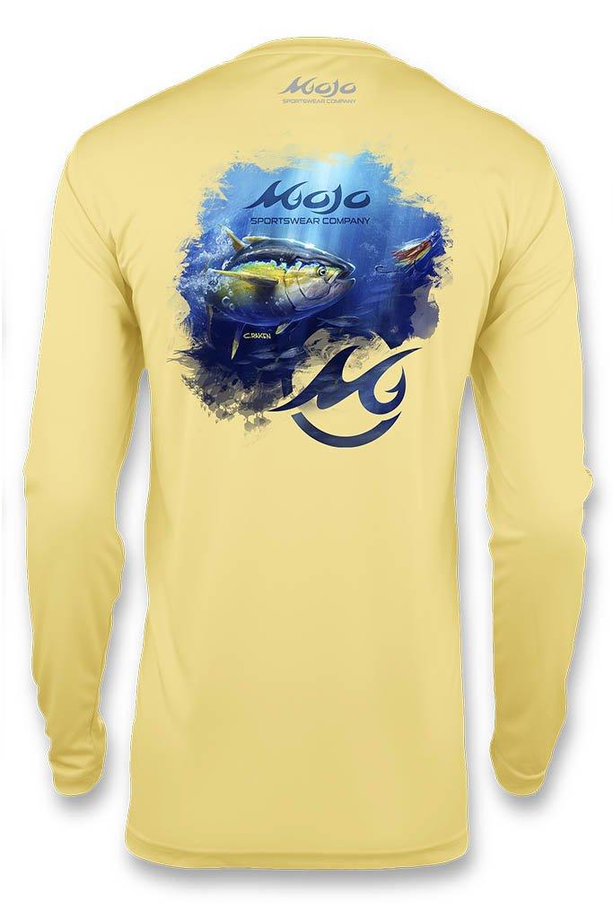 Yellow long-sleeve shirt with blue graphic design on a white background