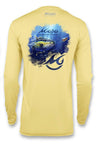 Yellow long-sleeve shirt with blue graphic design on a white background