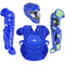 Blue catcher's gear set including helmet, chest protector, and leg guards on a white background