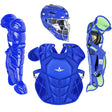 Blue catcher's gear set including helmet, chest protector, and leg guards on a white background