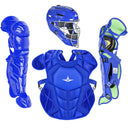Blue catcher's gear set including helmet, chest protector, and leg guards on a white background