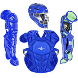 Blue catcher's gear set including helmet, chest protector, and leg guards on a white background