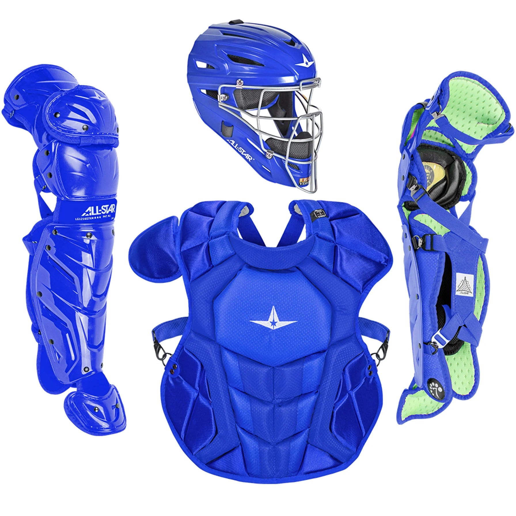 Blue catcher's gear set including helmet, chest protector, and leg guards on a white background