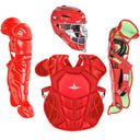Scarlet catcher's gear set including helmet, chest protector, and leg guards on a white background