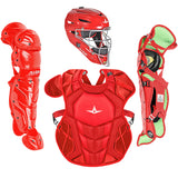 Scarlet catcher's gear set including helmet, chest protector, and leg guards on a white background