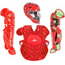 Scarlet catcher's gear set including helmet, chest protector, and leg guards on a white background