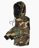 Camouflage-patterned hooded jacket on a white background