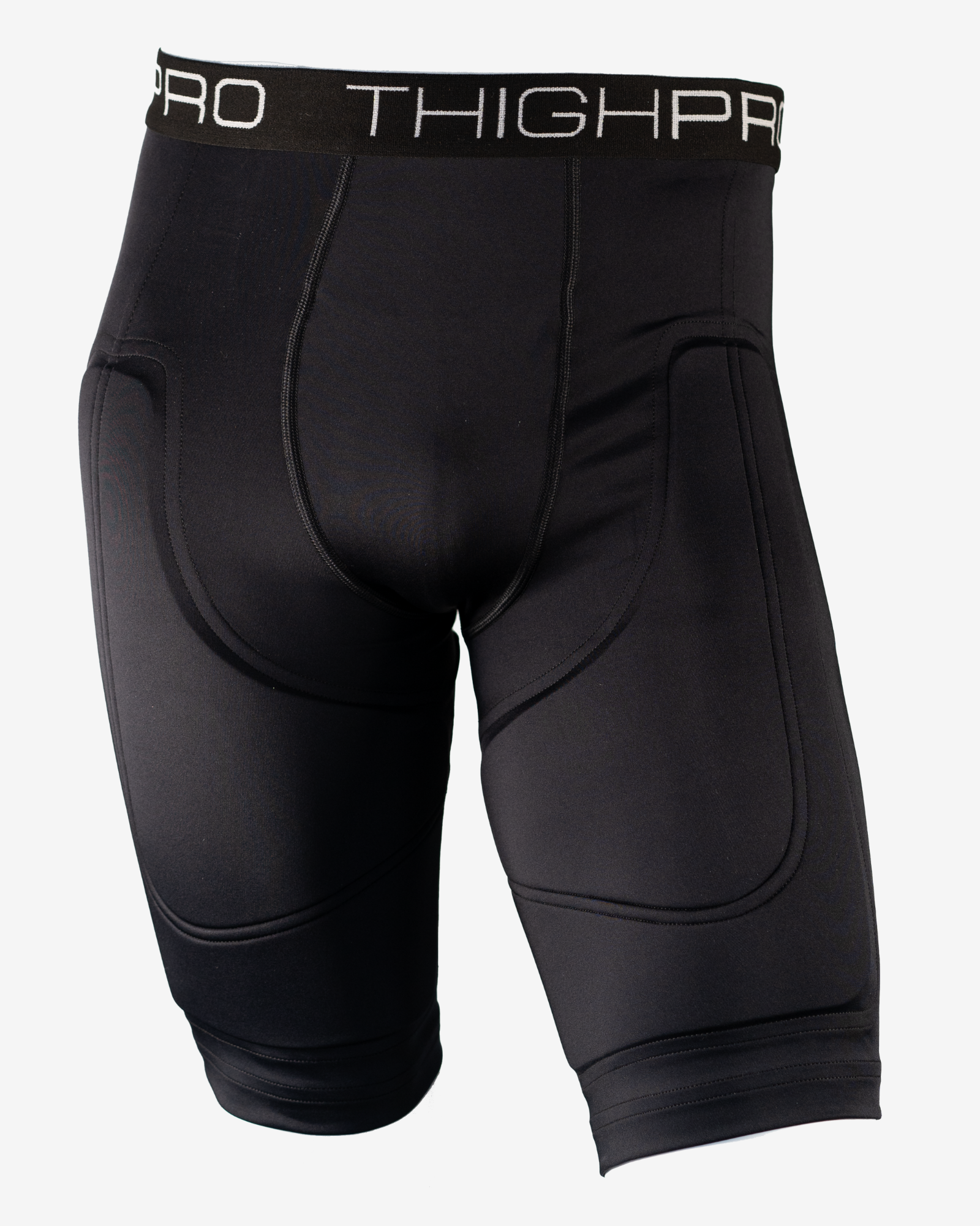 Black athletic shorts with a visible brand logo on a white background