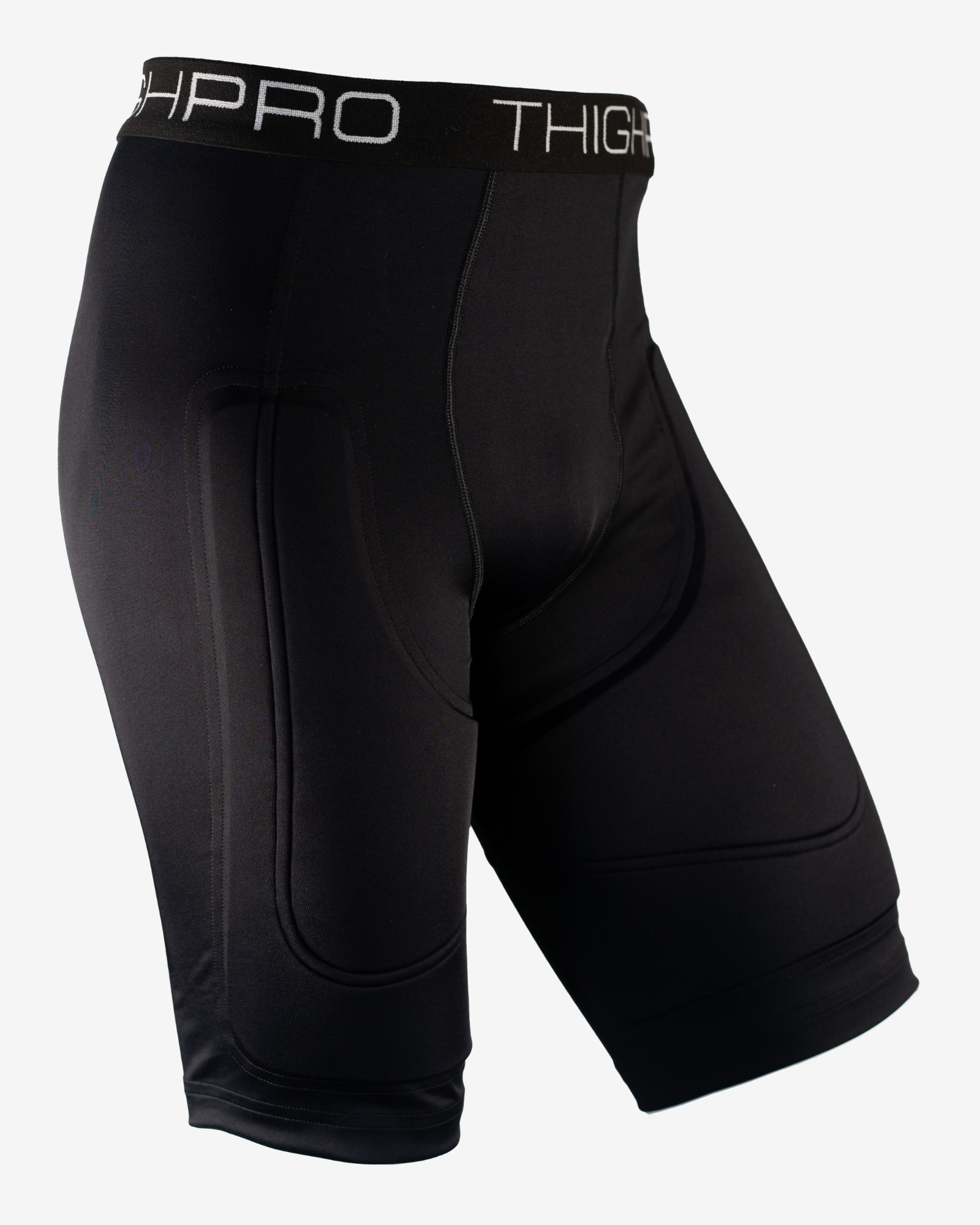 Black athletic shorts with 'THIGH' and 'PRO' branding on a white background
