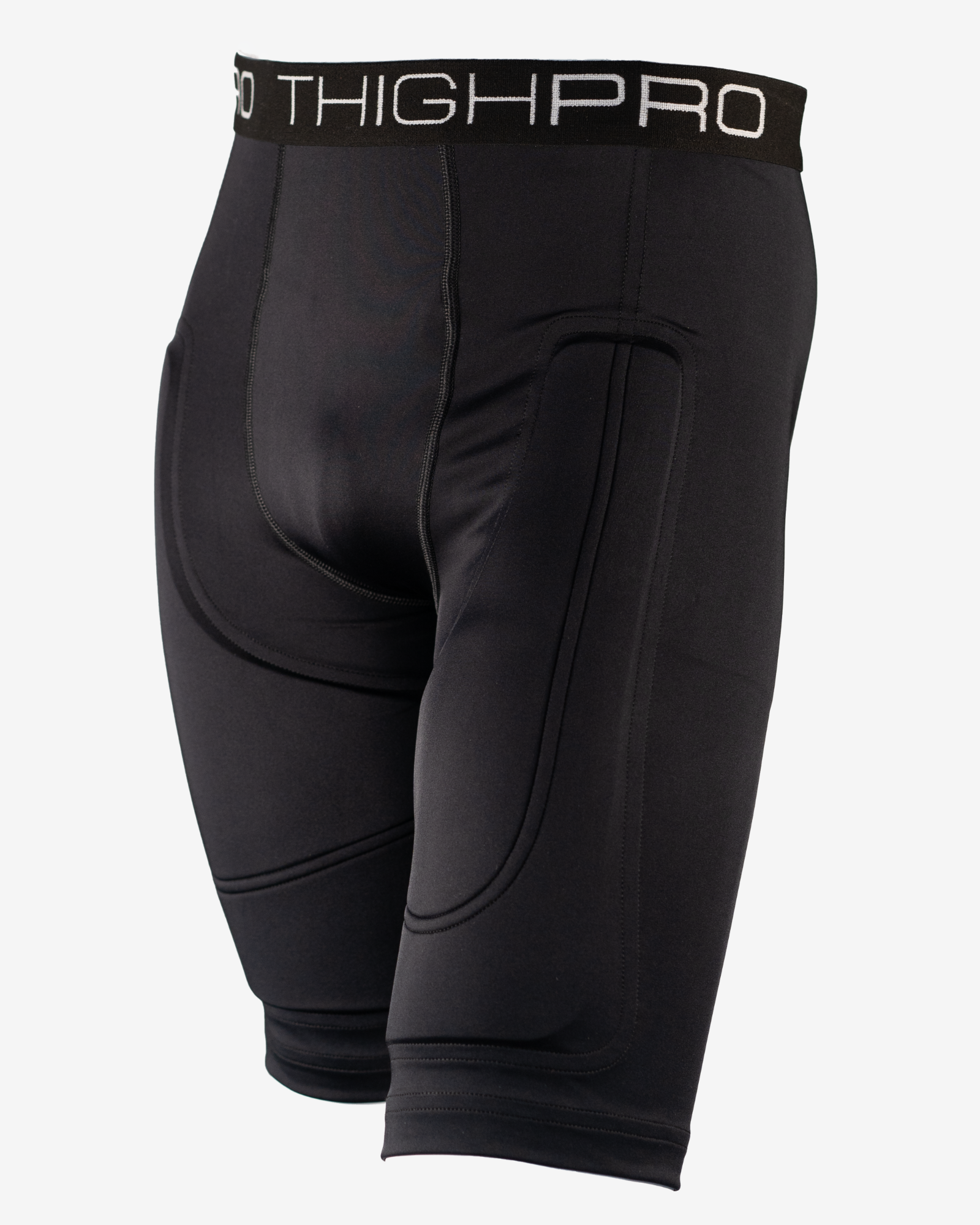 Black athletic shorts with 'THIGHPRO' waistband on a white background