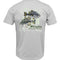 A short-sleeved grey polyester t-shirt with a graphic print of two bass fish and the brand name 'Mojo' on the back.