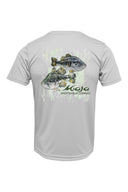 A short-sleeved grey polyester t-shirt with a graphic print of two bass fish and the brand name 'Mojo' on the back.