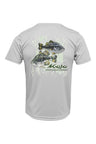 A short-sleeved grey polyester t-shirt with a graphic print of two bass fish and the brand name 'Mojo' on the back.