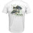 A short-sleeved white polyester t-shirt with a graphic print of two bass fish and the brand name 'Mojo' on the back.