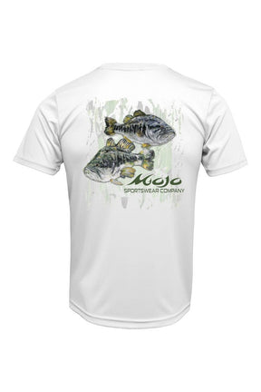 A short-sleeved white polyester t-shirt with a graphic print of two bass fish and the brand name 'Mojo' on the back.