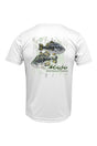 A short-sleeved white polyester t-shirt with a graphic print of two bass fish and the brand name 'Mojo' on the back.