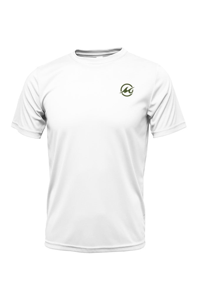 A short-sleeved white polyester t-shirt with a graphic print of two bass fish and the brand name 'Mojo' on the back.