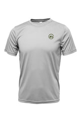 A short-sleeved grey polyester t-shirt with a graphic print of two bass fish and the brand name 'Mojo' on the back.