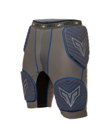 Gray and blue protective shorts with 'Vortex' branding on a white background