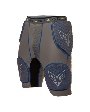 Gray and blue protective shorts with 'Vortex' branding on a white background