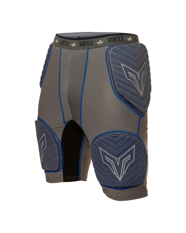 Gray and blue protective shorts with 'Vortex' branding on a white background