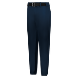 Navy blue pants with a black belt on a white background