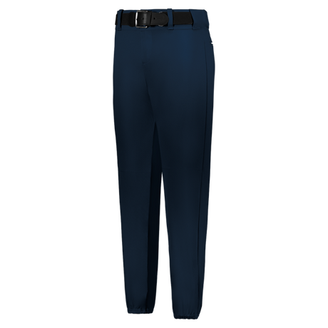 Navy blue pants with a black belt on a white background