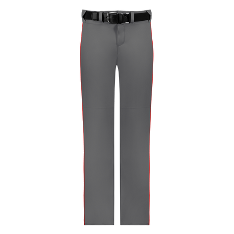 Gray pants with red accents and a black belt on a white background