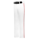 White pants with a red stripe and black belt on a white background