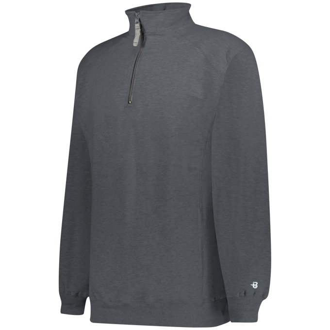 Gray long-sleeve shirt with a quarter zip on a white background

