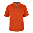 Orange short-sleeve shirt with a quarter zip on a white background