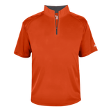 Orange short-sleeve shirt with a quarter zip on a white background