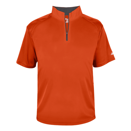 Orange short-sleeve shirt with a quarter zip on a white background