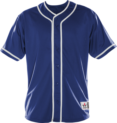 Blue baseball jersey with white accents on a white background
