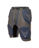 Gray and blue protective shorts with 'Vortex' branding on a white background